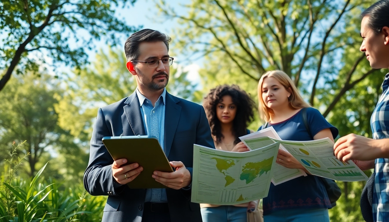 Environmental lawyer engaging with the community in a park, promoting ecological awareness.