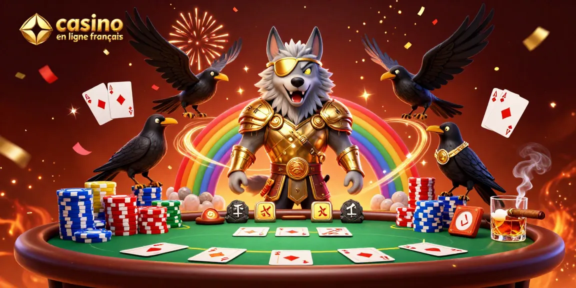 Une scène de casino en ligne français riche en détails avec un loup Odin et des éléments de jeu.