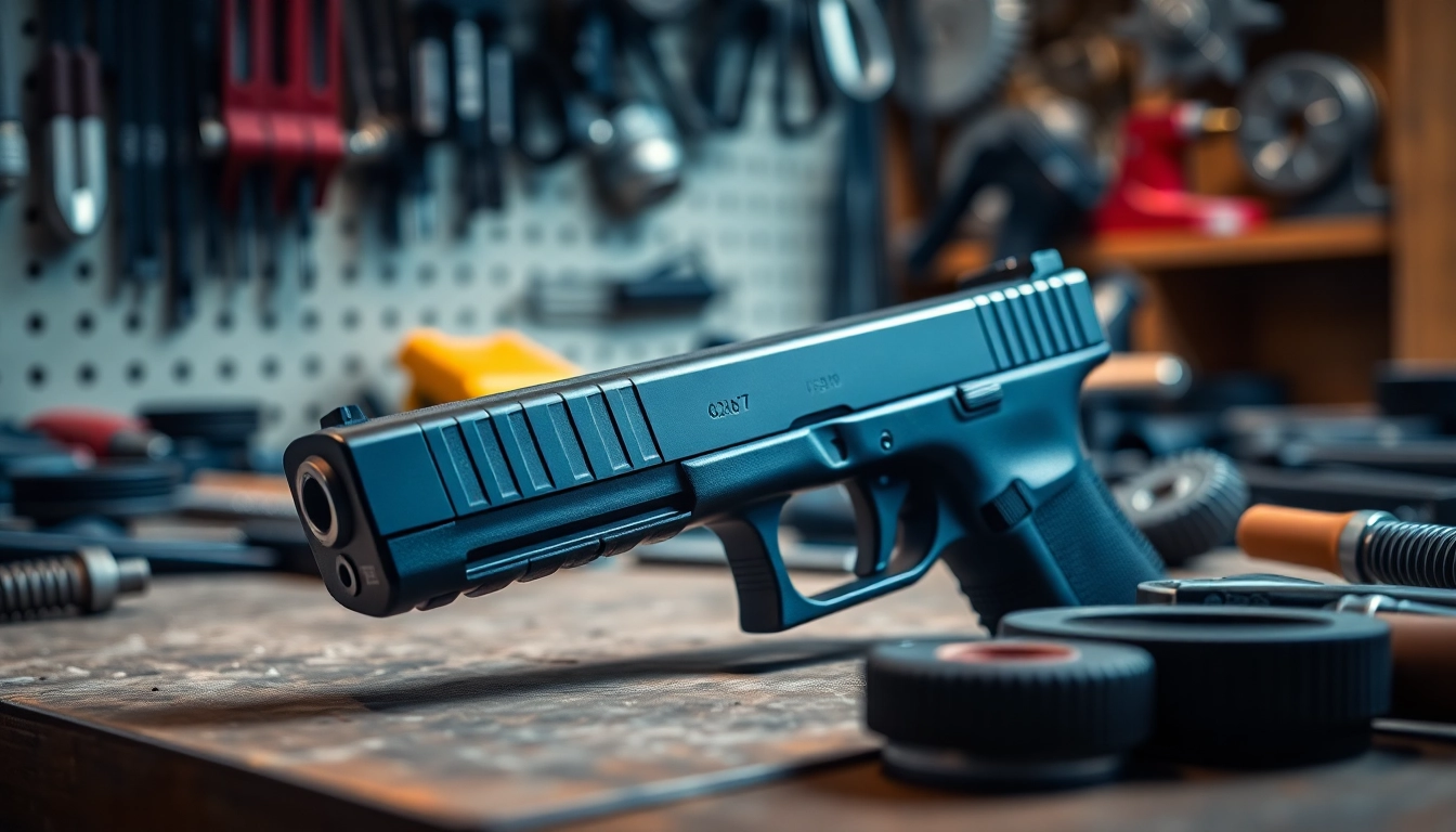 Showcase glock 19 gen 5 slide with detailed craftsmanship on a workshop bench.
