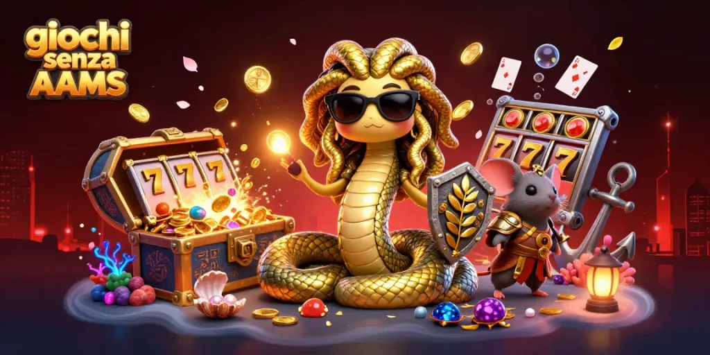 Scopri i giochi senza AAMS in un'illustrazione ricca di dettagli, con Medusa e un topo guerriero.