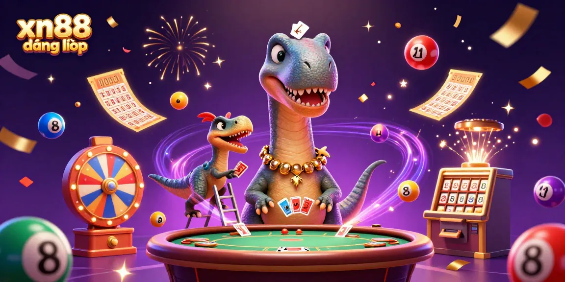 Engage with xn88 đăng nhập for thrilling casino action featuring vibrant lottery balls and a playful brontosaurus.