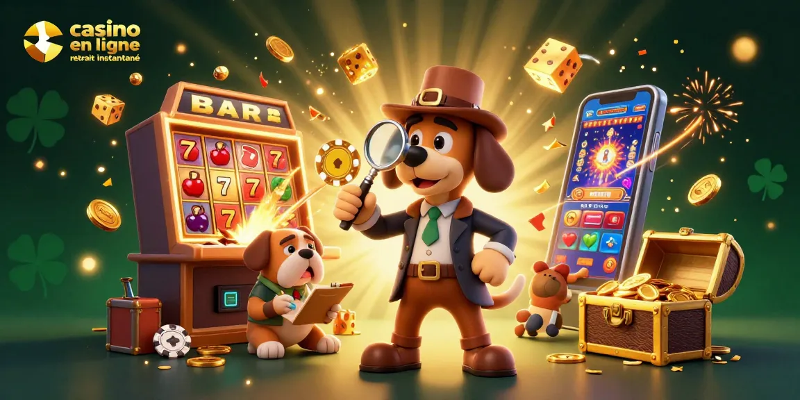 Illustration représentant un détective canin et un bulldog dans un casino, mettant en avant le casino en ligne retrait instantané avec des jetons et des machines à sous.
