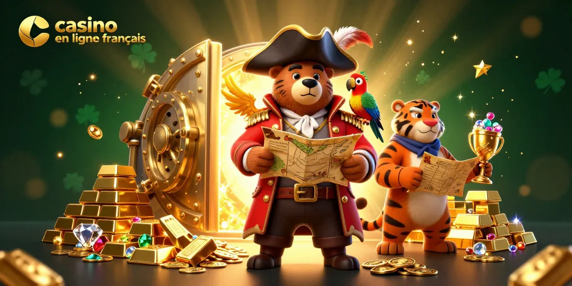 Illustration d'un casino en ligne français avec des personnages colorés et des trésors scintillants, illustrant le monde du jeu.
