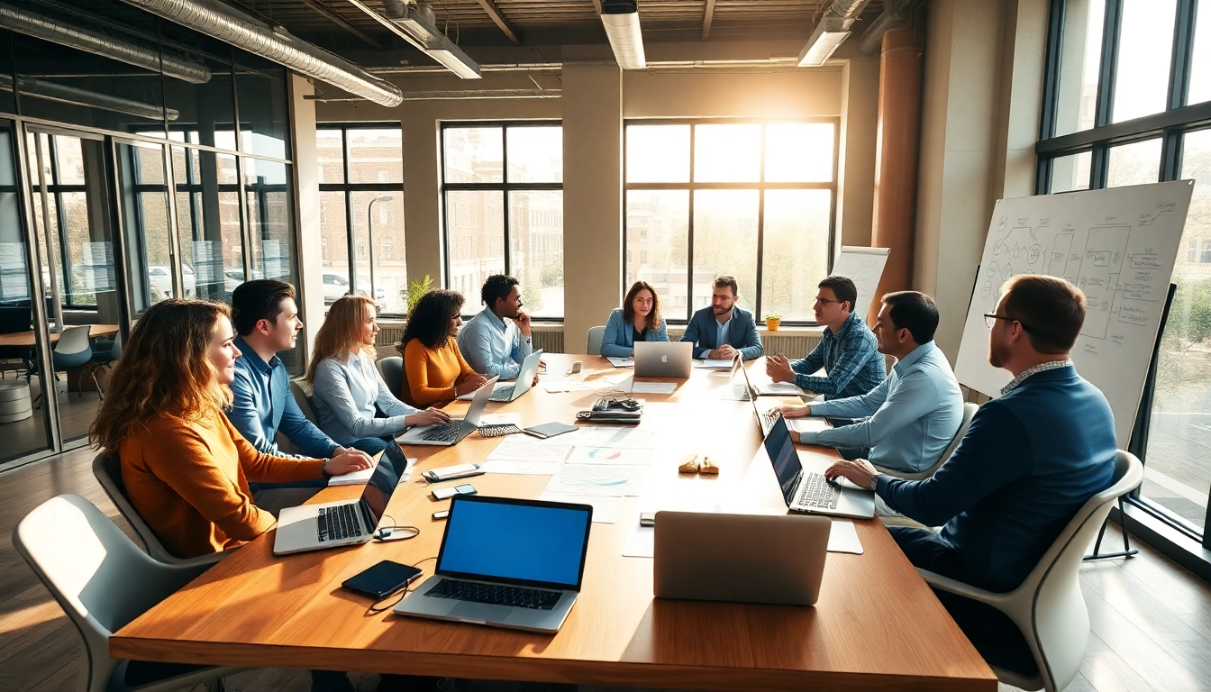 Team engaged in strategy capture management brainstorming session in a professional office.