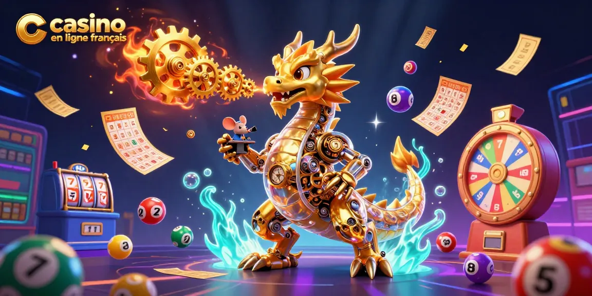 Jouer dans un casino en ligne français avec un dragon mécanique doré entouré de ballons de loterie colorés.