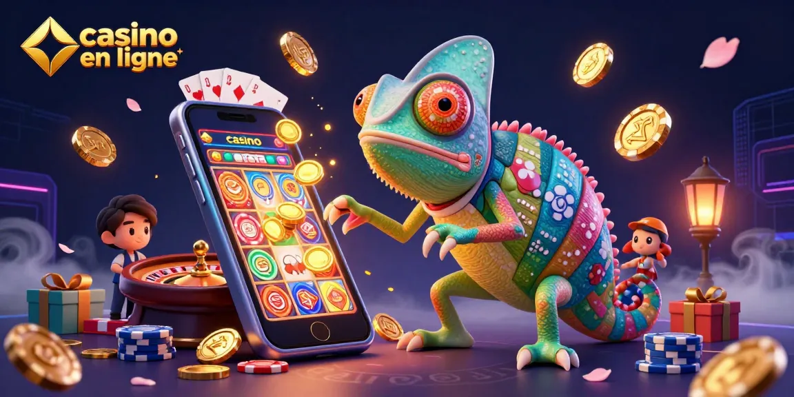 Illustration dynamique du casino en ligne retrait instantané avec un caméléon géant et des éléments de jeu colorés.