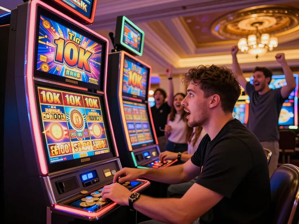 Celebrate a jackpot win at the slot depo 10k machine in an upscale casino environment.