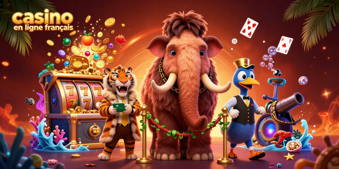 Animation de casino en ligne français avec un mammouth, un tigre et un dodo, illusion interactive riche et colorée.