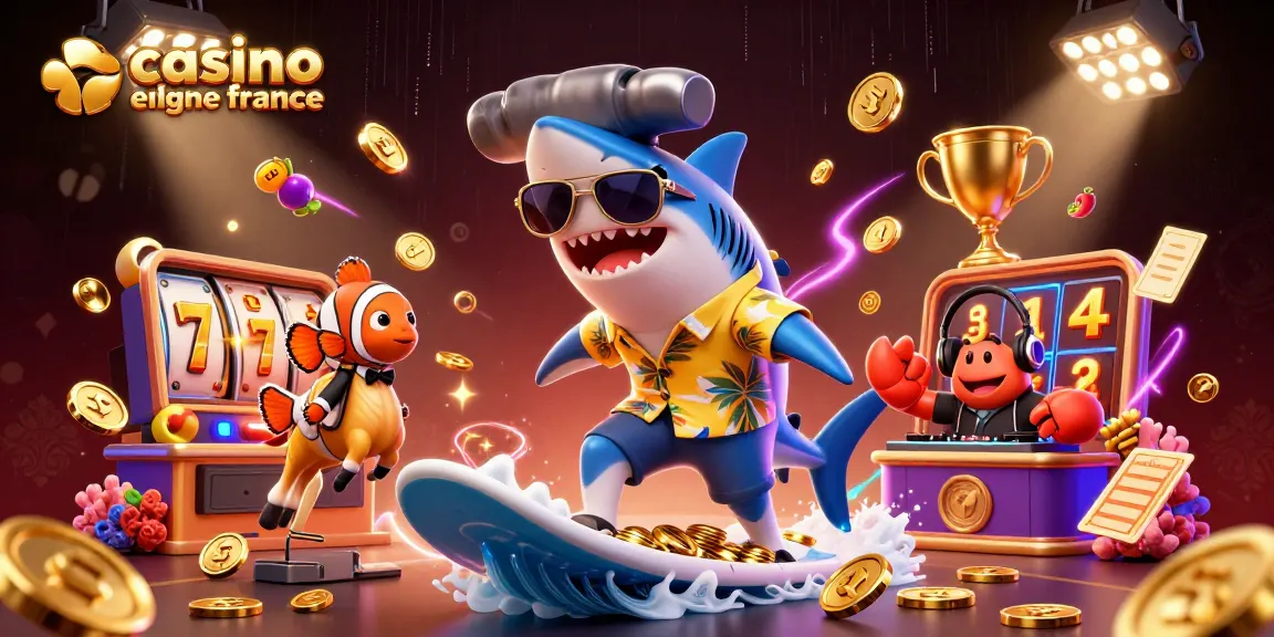 Illustration dynamique de casino en ligne France avec un requin et des éléments de jeu éblouissants.