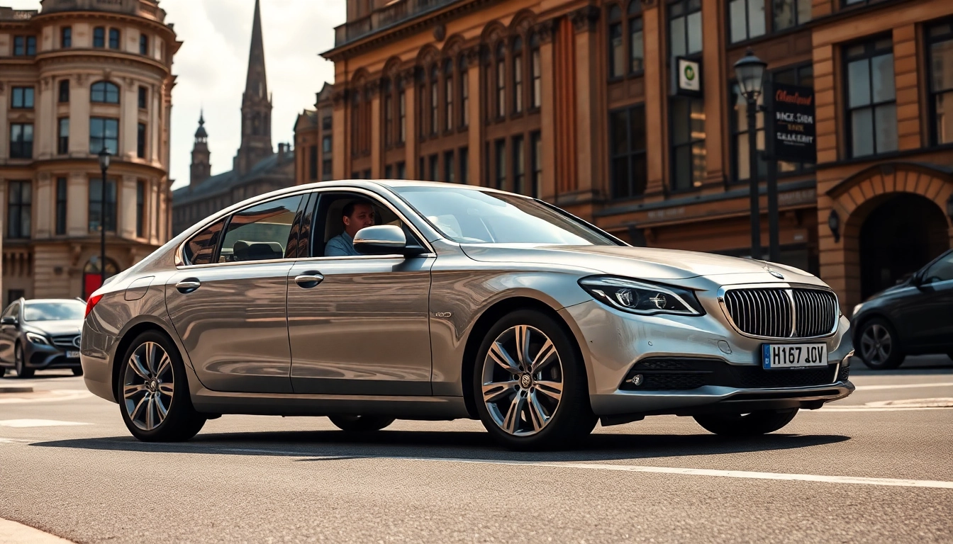 Experience luxury travel with a Chauffeur Nottingham driving a sleek sedan in the heart of the city.