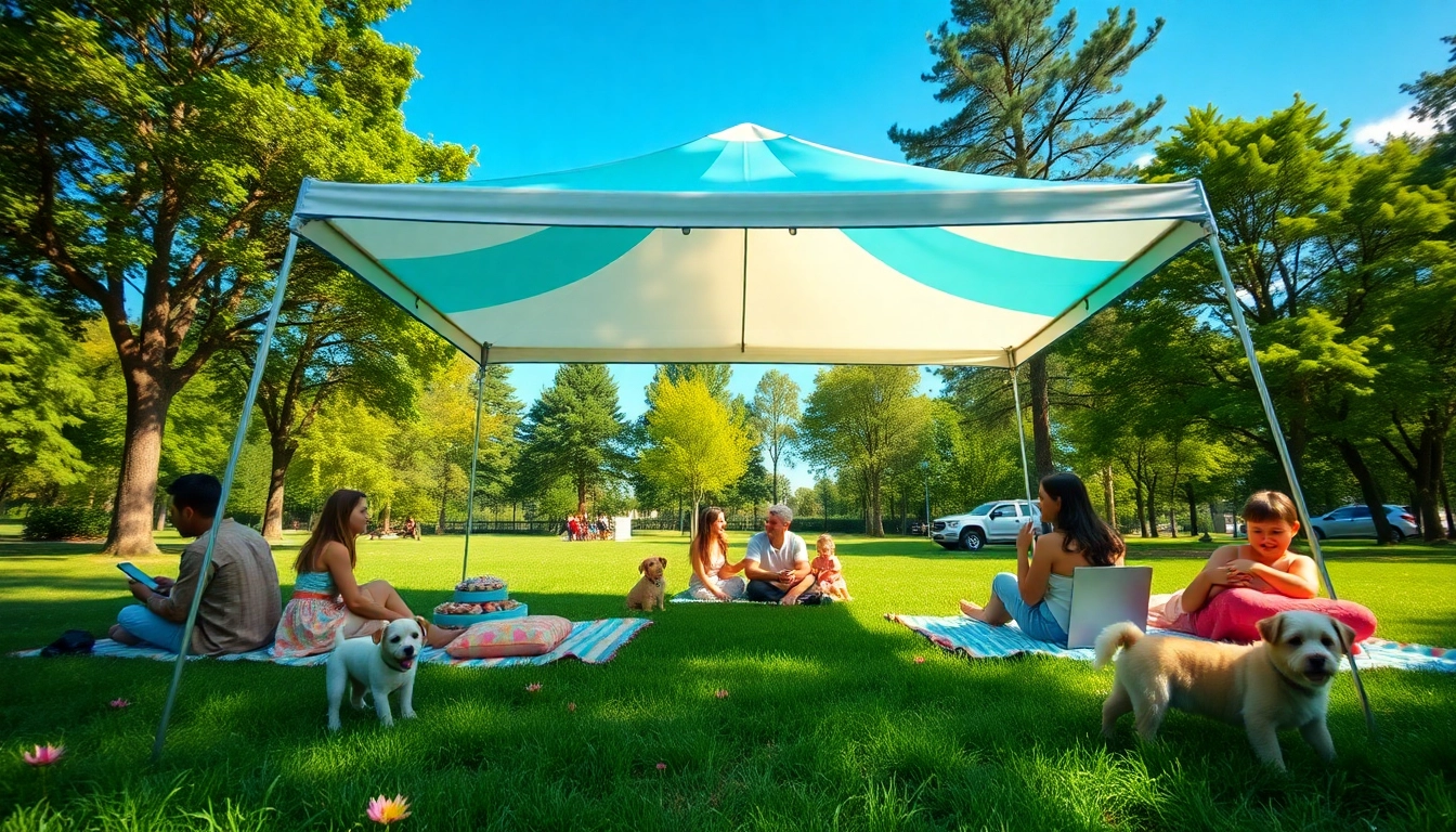 Families enjoying a colorful canopy tent during a sunny outdoor picnic.