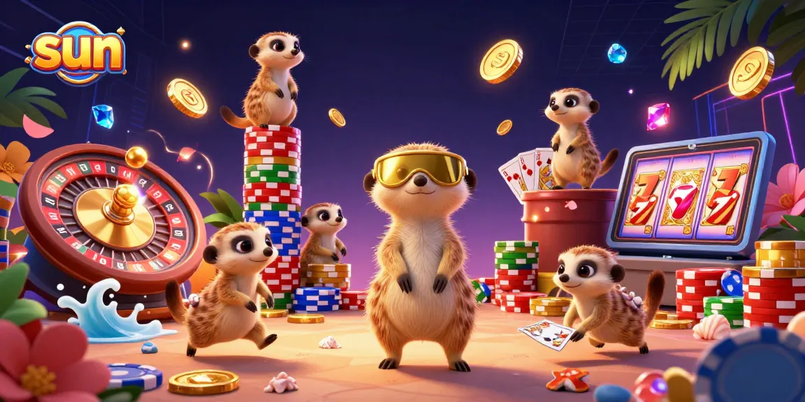 Experience the exciting sun casino action with meerkats dealing cards and sneaking chips amidst a vibrant scene.