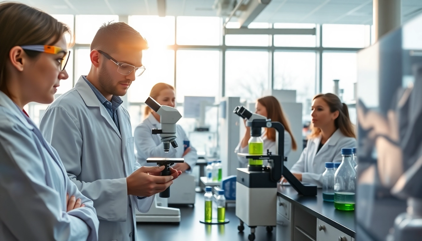 Researching WIN55 in a modern laboratory with scientists analyzing cannabinoids.