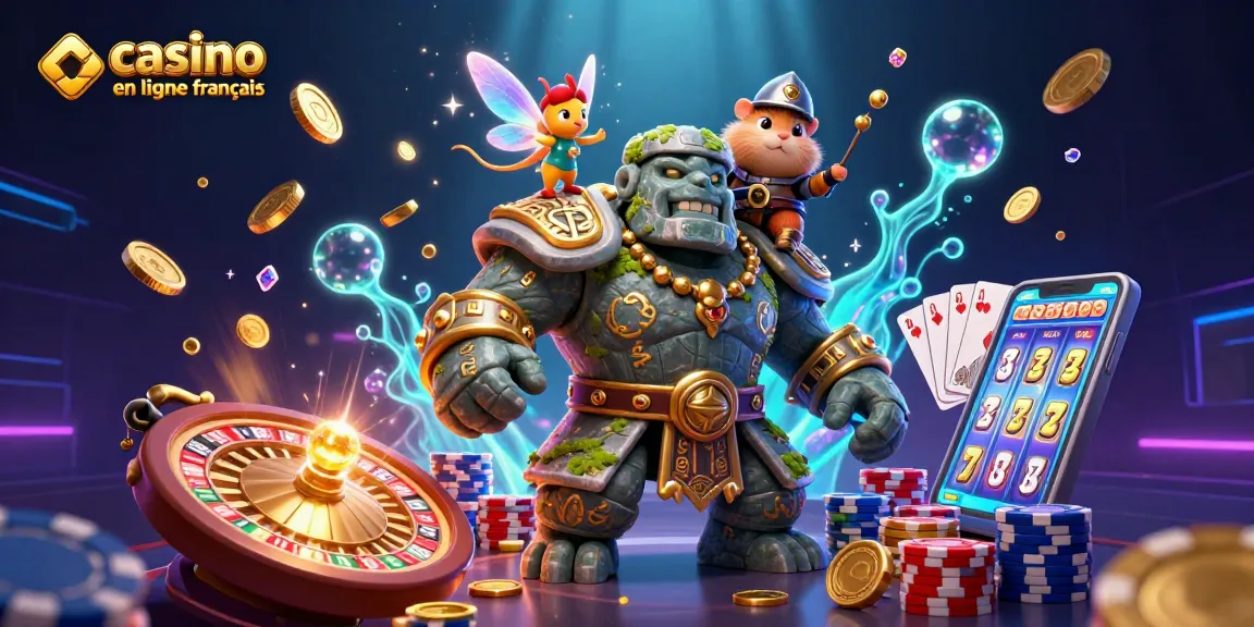 Illustration dynamique de casino en ligne français avec un golem, une fée et un hamster chevalier entourés de pièces d'or.