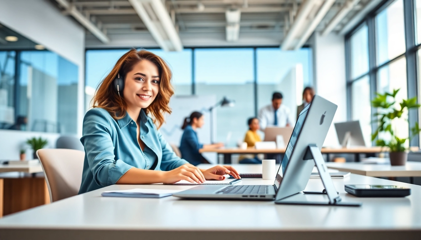 Employees effectively using cloud phone systems for small business in a modern office setting