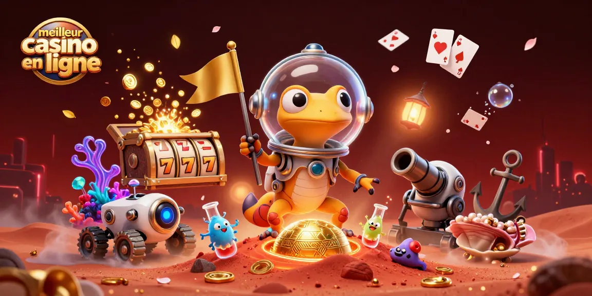 Illustration dynamique d'un meilleur casino en ligne avec un gecko dans l'espace et des éléments de jeu captivants.
