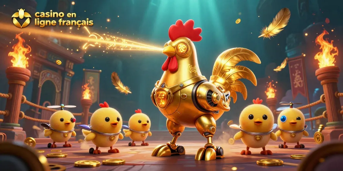 Vibrez avec le robot golden rooster dans l'arène des casinos en ligne français, entouré d'effets flamboyants.
