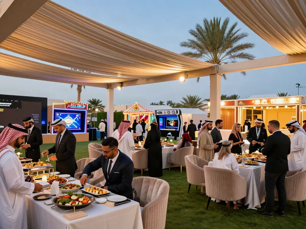 Event rental ksa showcasing a vibrant outdoor corporate gathering with luxury furniture and game rentals under a marquee.