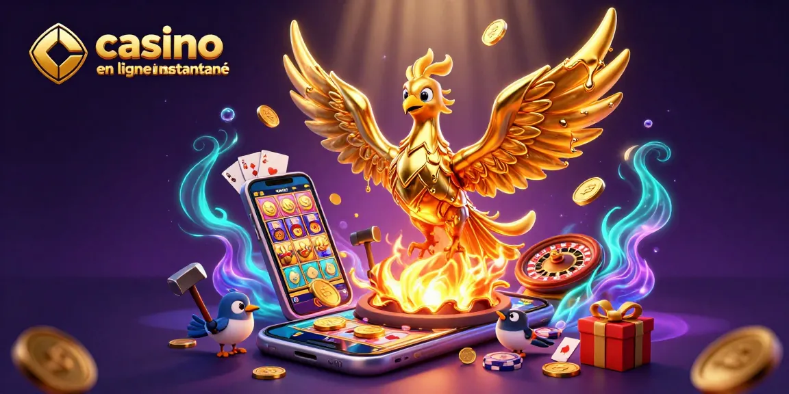 Jouer au casino en ligne retrait instantané avec une illustration d'un phœnix doré et des éléments de jeu captivants.