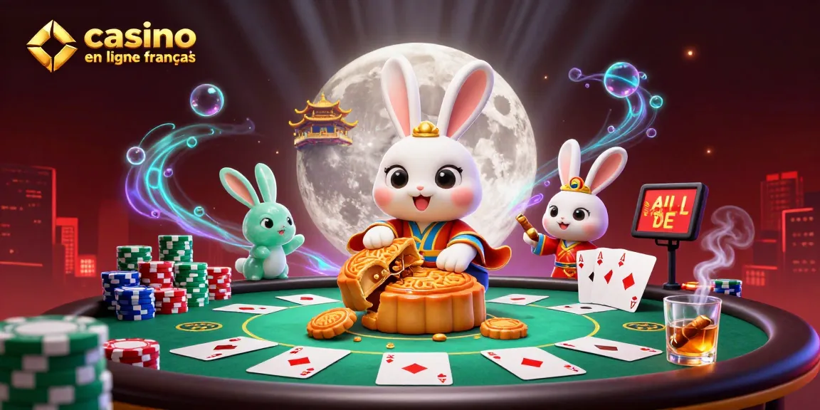 Jouer au casino en ligne français avec un lapin lunaire, des jetons et des palaces dorés.