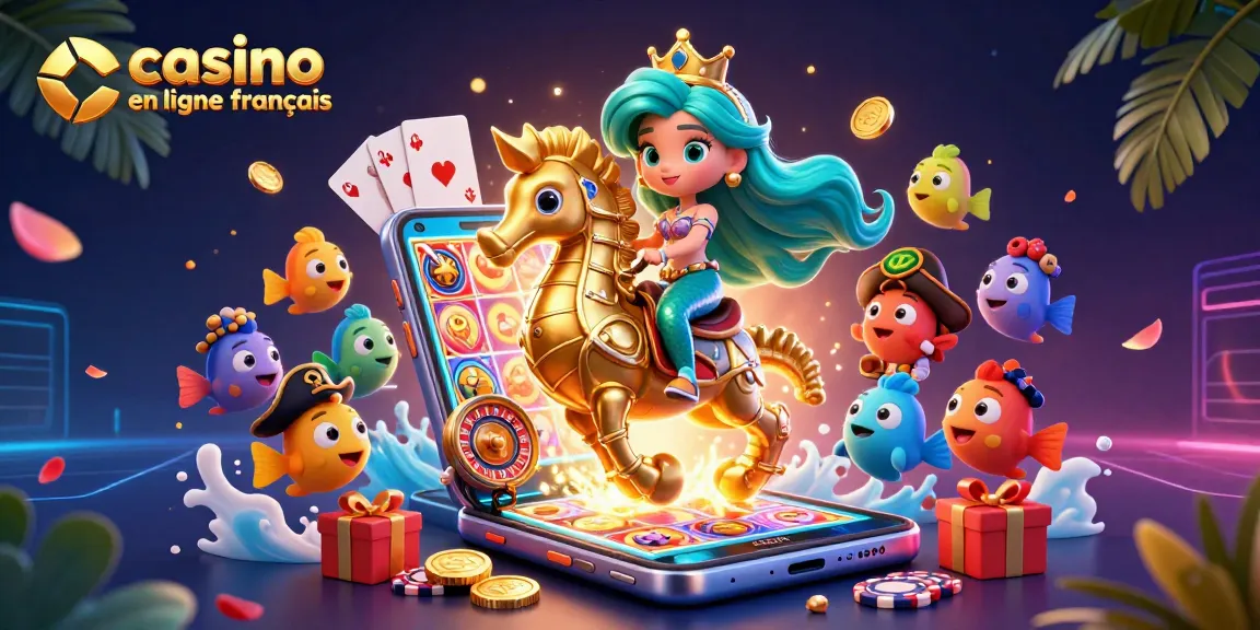 Le casino en ligne français prend vie avec une princesse sirène et son hippocampe, sur fond dynamique.