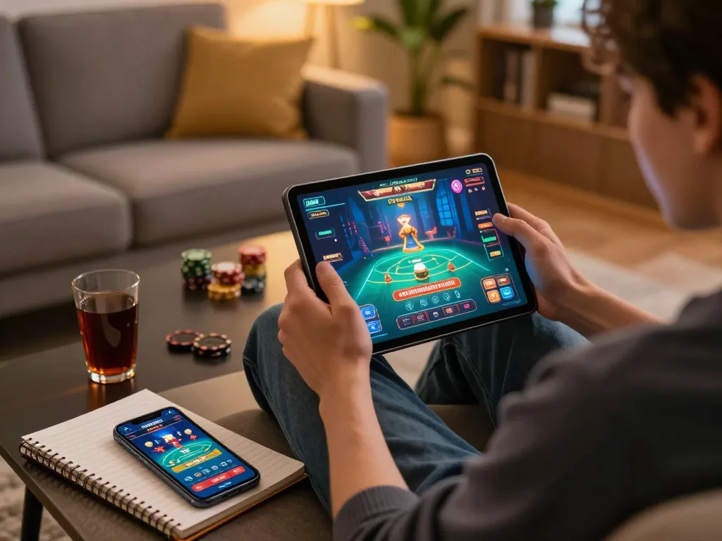 Engaging gameplay at casino gratis senza registrazione with a person using a tablet in a cozy home setting.