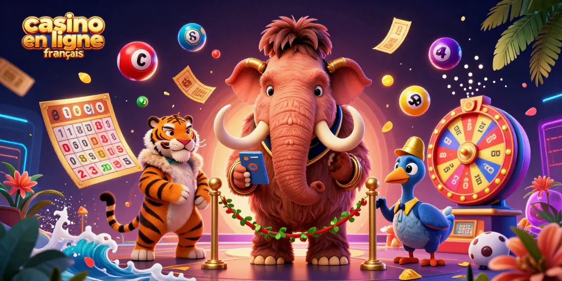 Une scène animée avec un videur mammouth et un VIP dodo jouant au casino en ligne français.