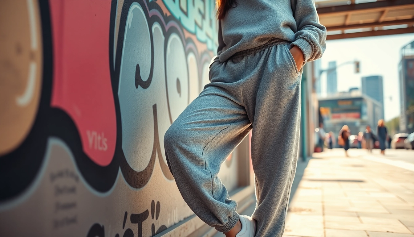 Model showcasing stylish oversized sweatpants against an urban backdrop with vibrant graffiti.