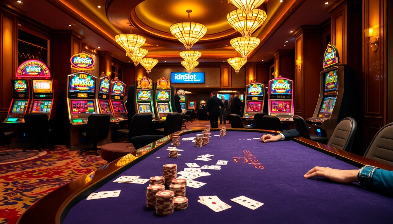 Experience the thrill of idnslot at a luxurious casino with vibrant gaming tables and slot machines.