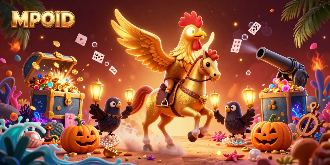 MPOID features a golden rooster riding a spectral horse in a vibrant casino, enhancing the gaming experience.