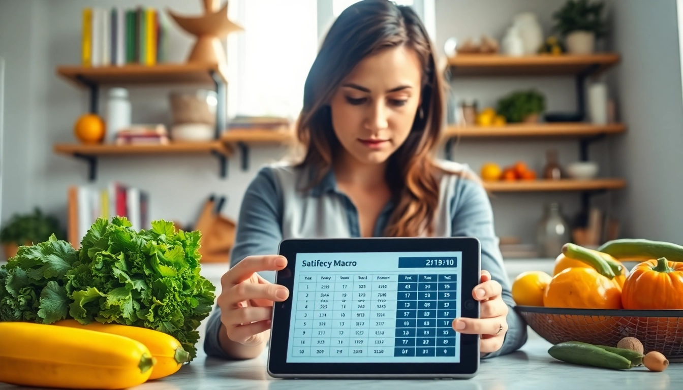 Calculate your daily macros accurately with a professional using a macro calculator amidst healthy food.