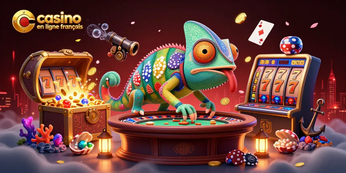 Le chameleon géant du casino en ligne français attire les richesses avec des jetons colorés et des cartes flottantes.