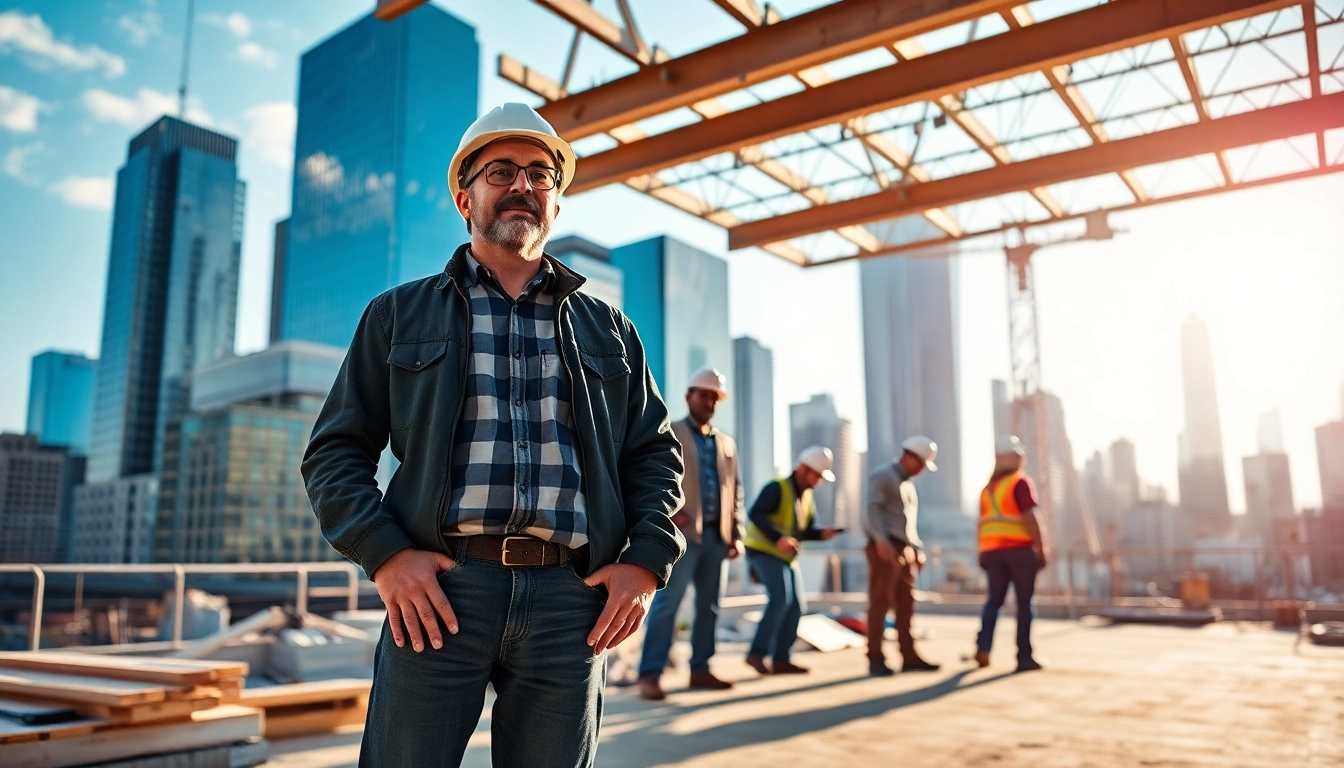 New York General Contractor managing a construction site with workers collaborating and a city skyline.