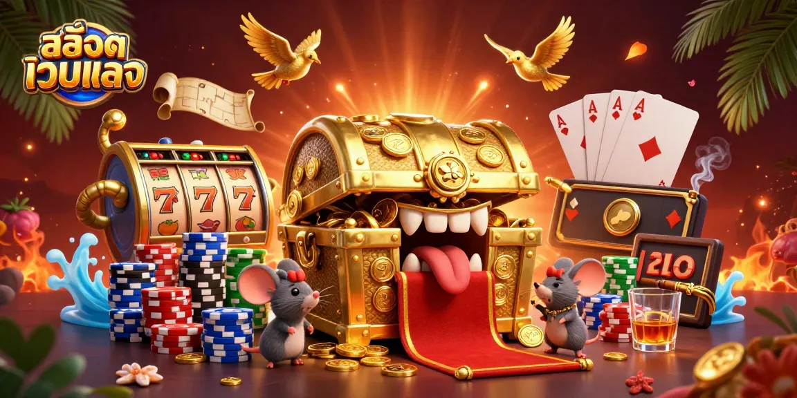 Experience สล็อตเว็บตรง with adventure-themed elements, vibrant casino visuals including slot reels and treasure.