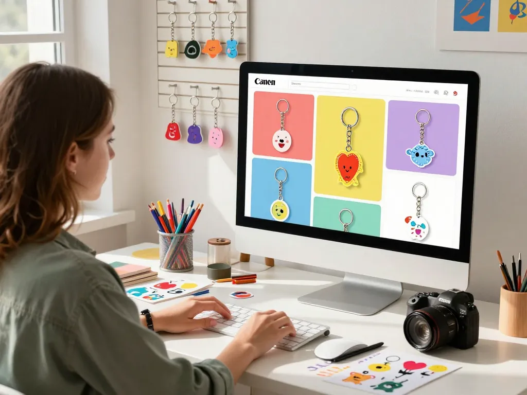 Creating customized keychains in a colorful workspace with inspiring designs.
