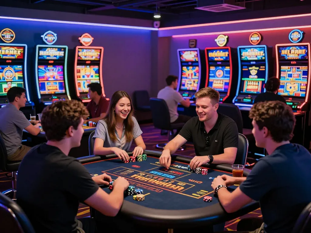Engaging scene of diverse players enjoying casino hubet88 games in a vibrant online setting.