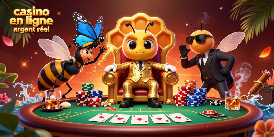 Visuel dynamique de "casino en ligne argent réel" avec un boss abeille et ses gardes au poker.