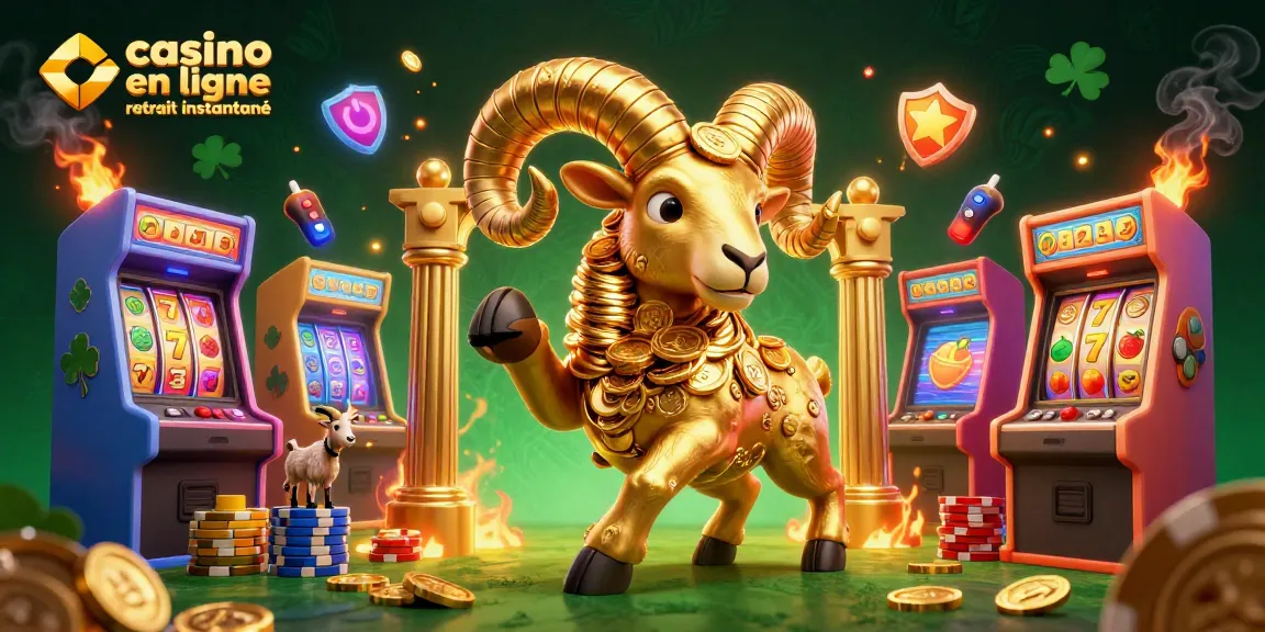 Illustration 3D illustrant le concept de casino en ligne retrait instantané avec un bélier doré, des machines à sous et des symboles de jackpot.