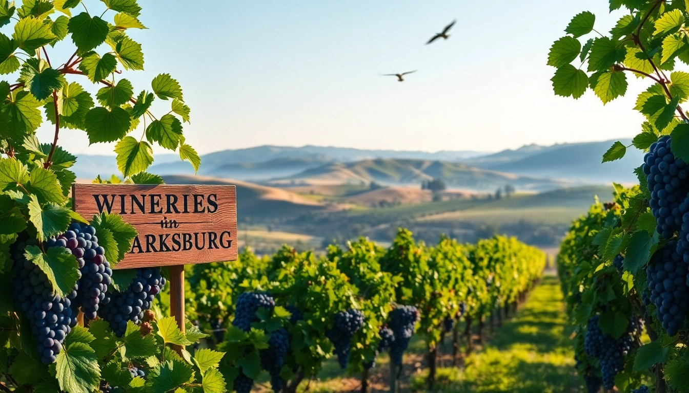 Visit wineries in Clarksburg with scenic vineyards and ripe grape clusters in a serene landscape.