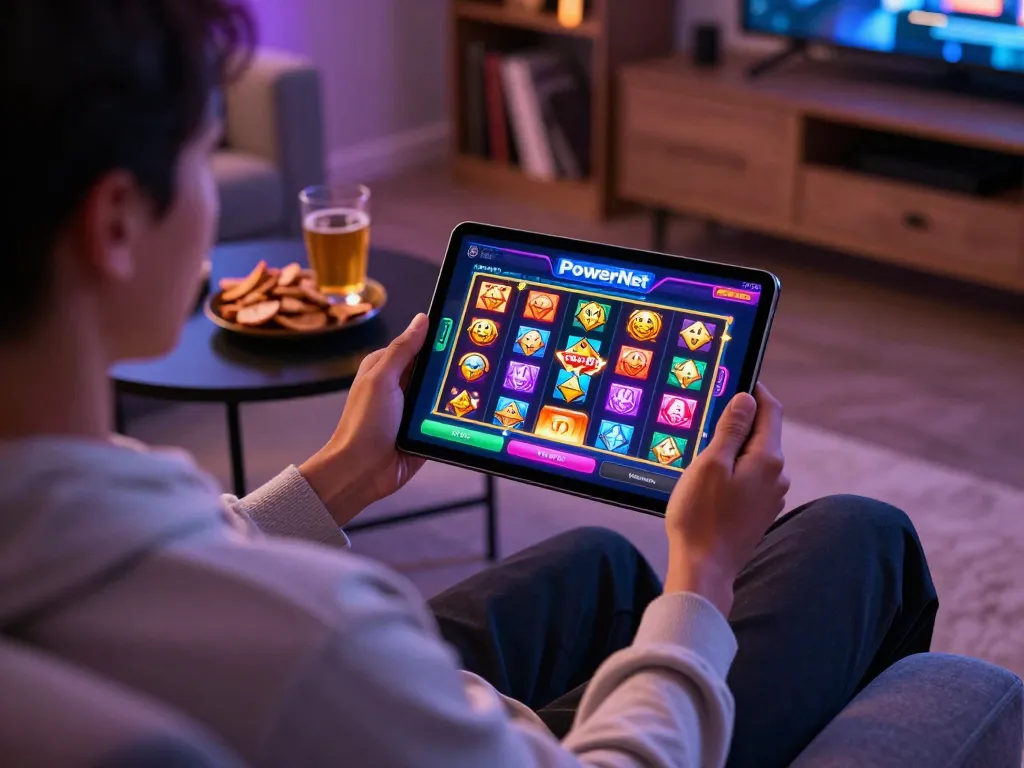Engaging moment of playing powernet slot on a tablet in cozy home setup