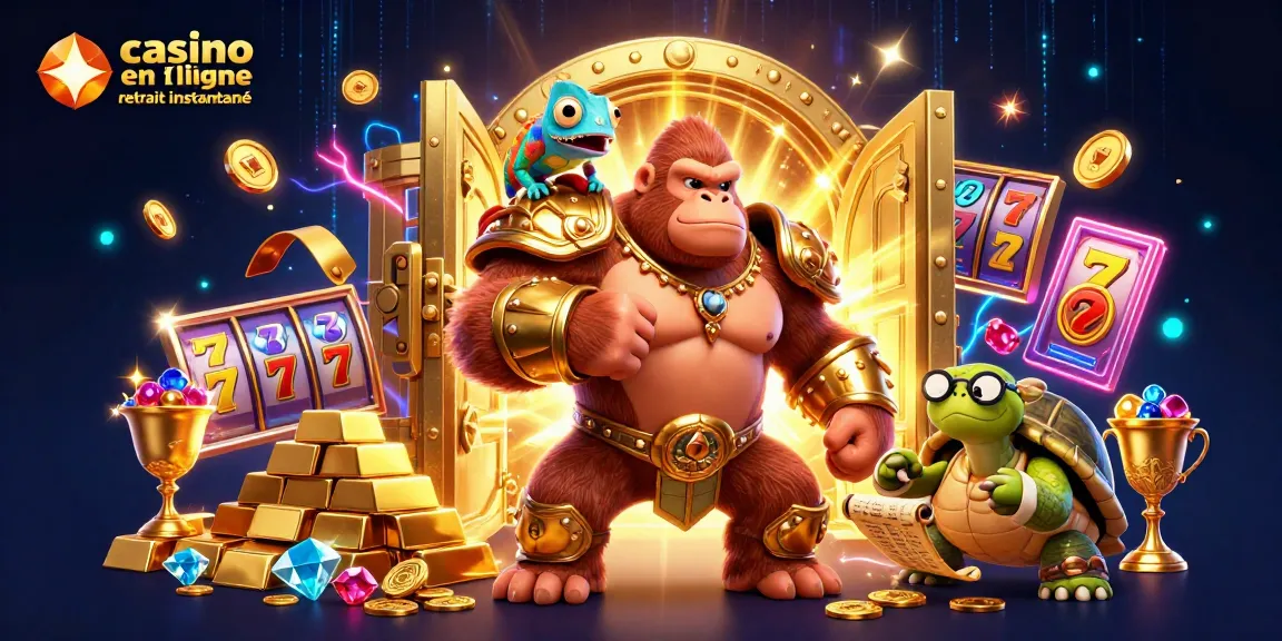 Casino en ligne retrait instantané : roi gorille en armure parmi un trésor d'or et de jeux