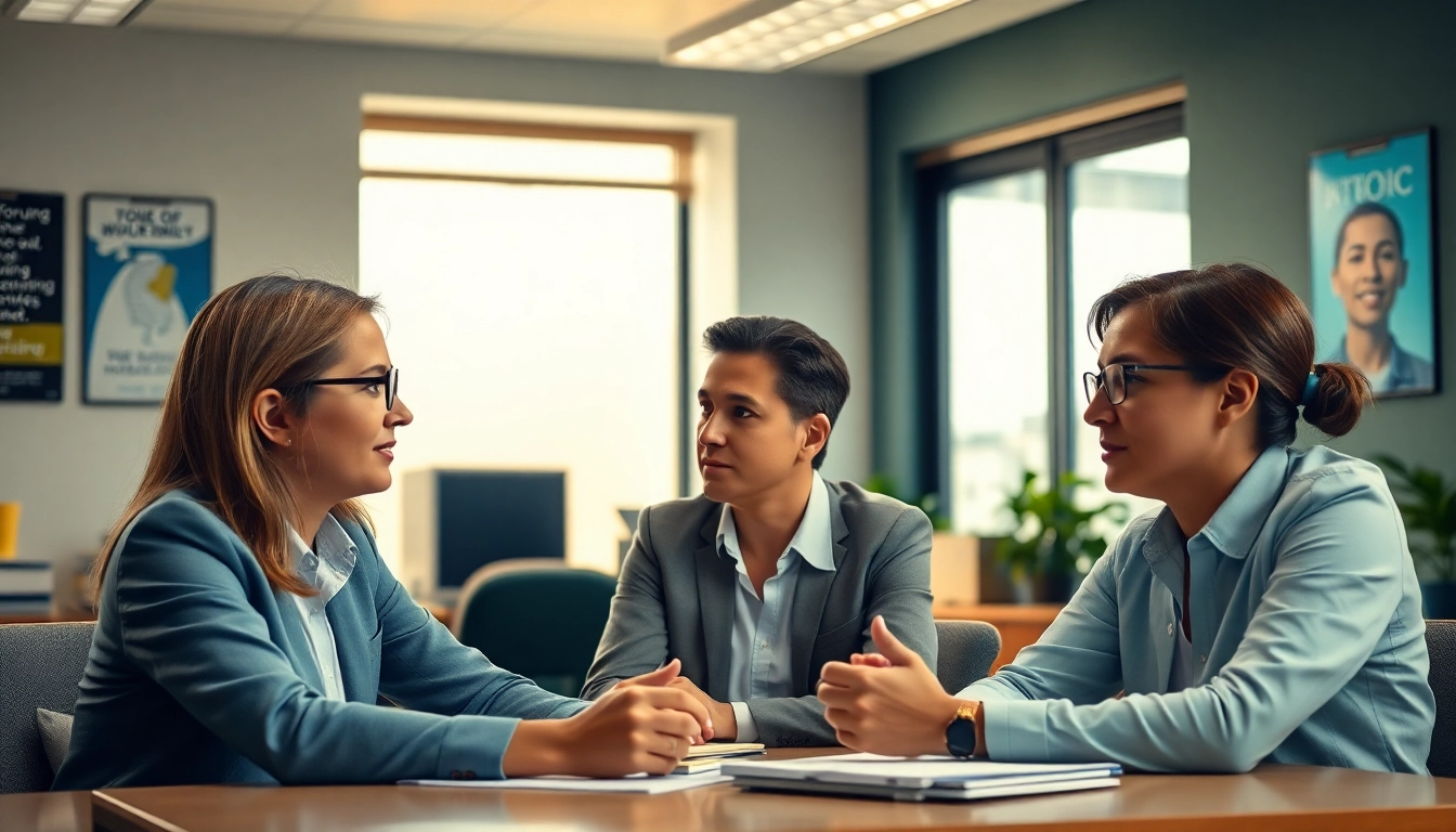 Hire proficient TOEIC test takers for hire discussing strategies in an office setting.