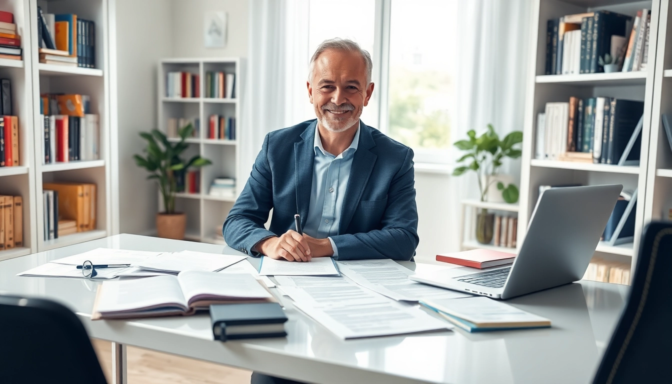 Professional translator working with legal documents as a traduttore giurato in a modern office.