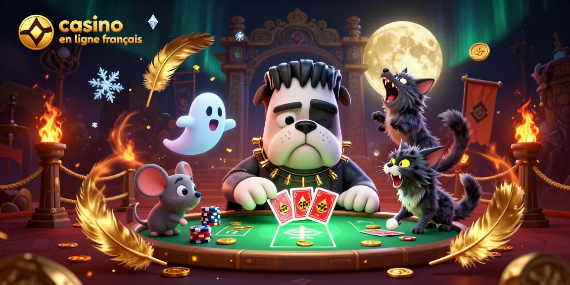 Illustration colorée d'un bulldog de casino en ligne français jouant aux cartes avec des éléments de mystère.