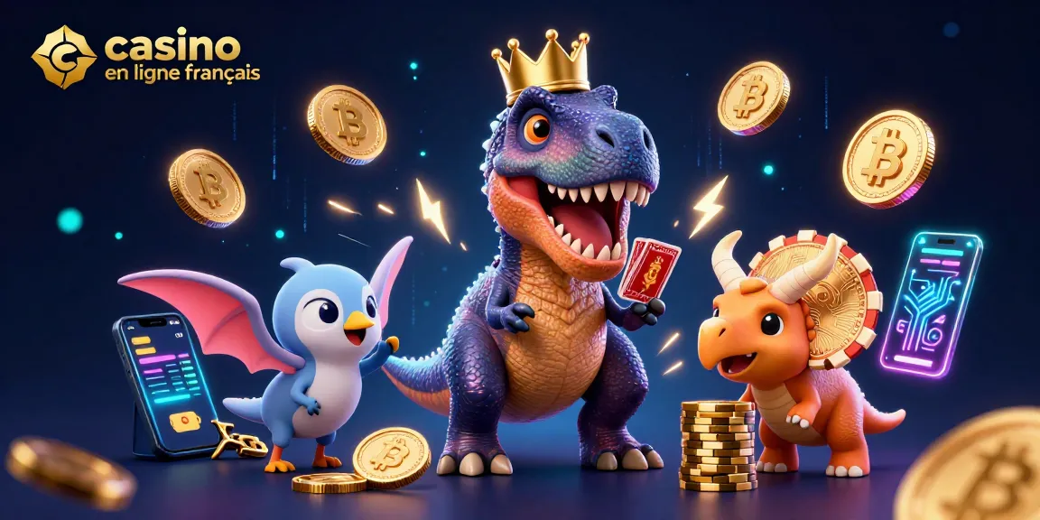 Pariez sur un casino en ligne français avec un T-Rex jouant aux cartes et un Tricératops empilant des jetons en or.