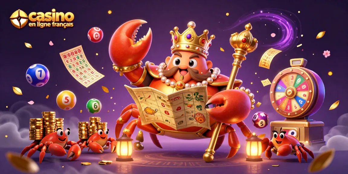 Casino en ligne français, illustration dynamique d'un crabe empereur tenant un sceptre et une carte au trésor.