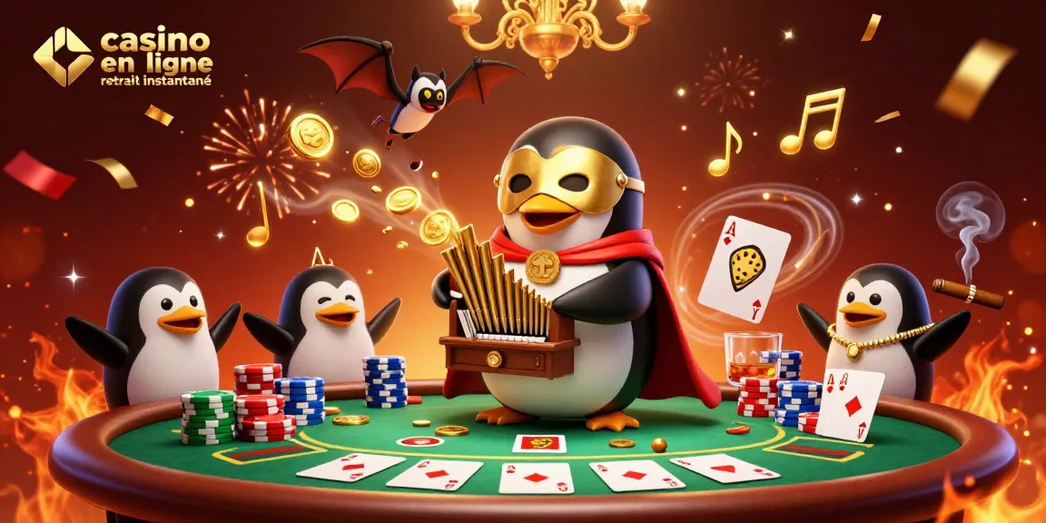 Une scène dynamique de casino en ligne retrait instantané avec un pingouin phantome et des jetons de poker.