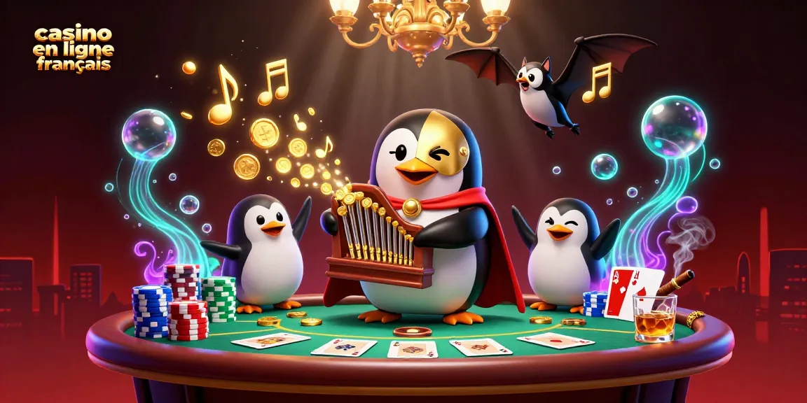 Plongée dans l'univers du casino en ligne français avec un pingouin fantôme et un batteur acrobate.