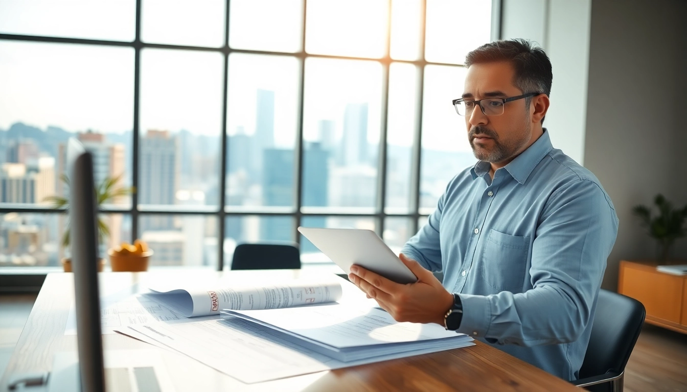 Contractor working on das 140 forms in a bright, professional office.