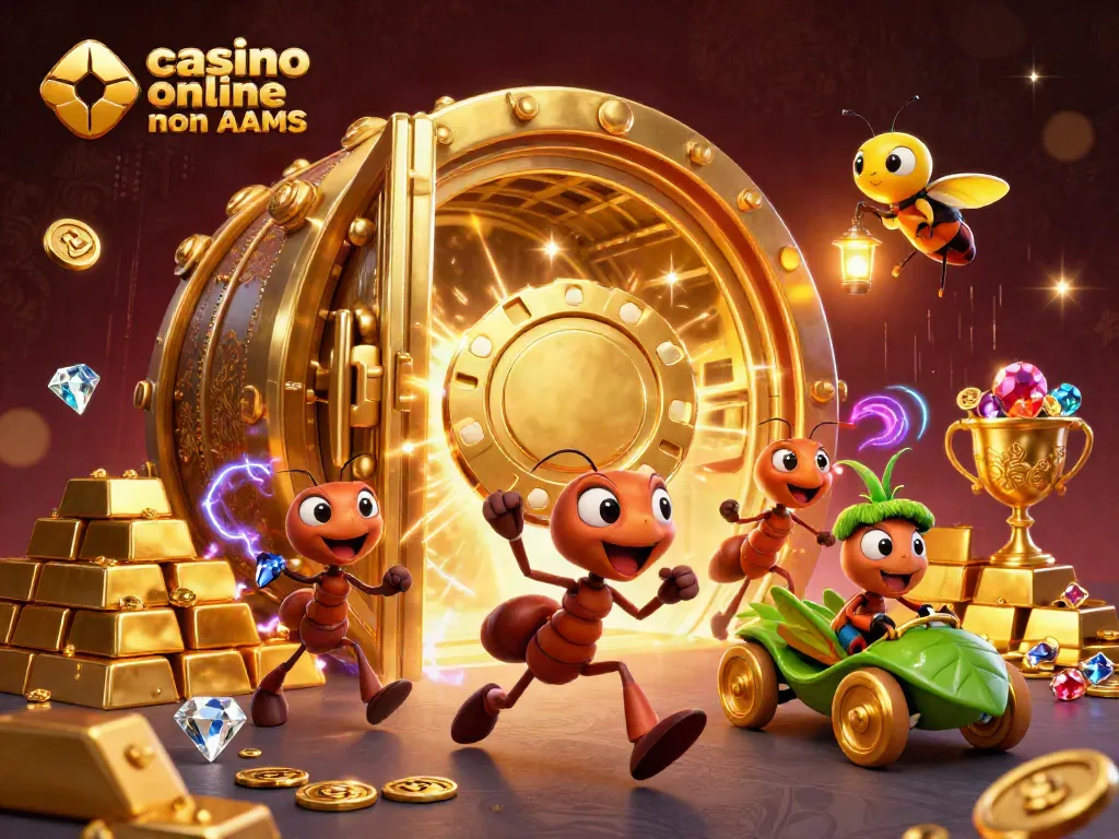 Gioco d'azzardo nel casino online non AAMS con formiche in azione, chip dorati e tesori scintillanti